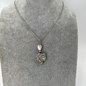 Vintage Abalone Pendant Necklace Iridescent‎ Sterling Silver 18in Chain Estate